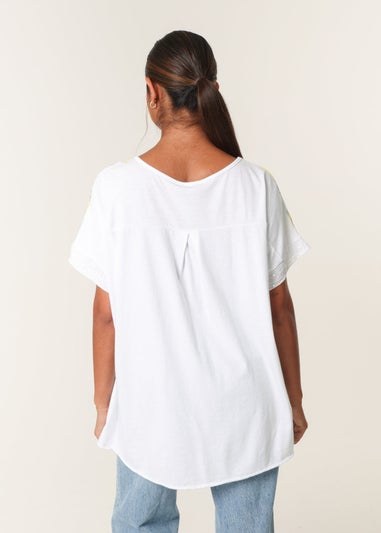 Blue Vanilla White Linen Front Lemon Print Top With Sequin