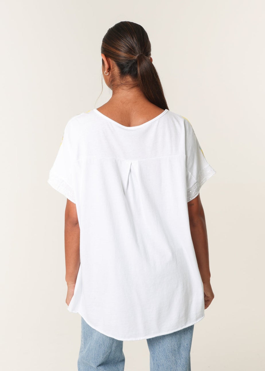 Blue Vanilla White Linen Front Lemon Print Top With Sequin