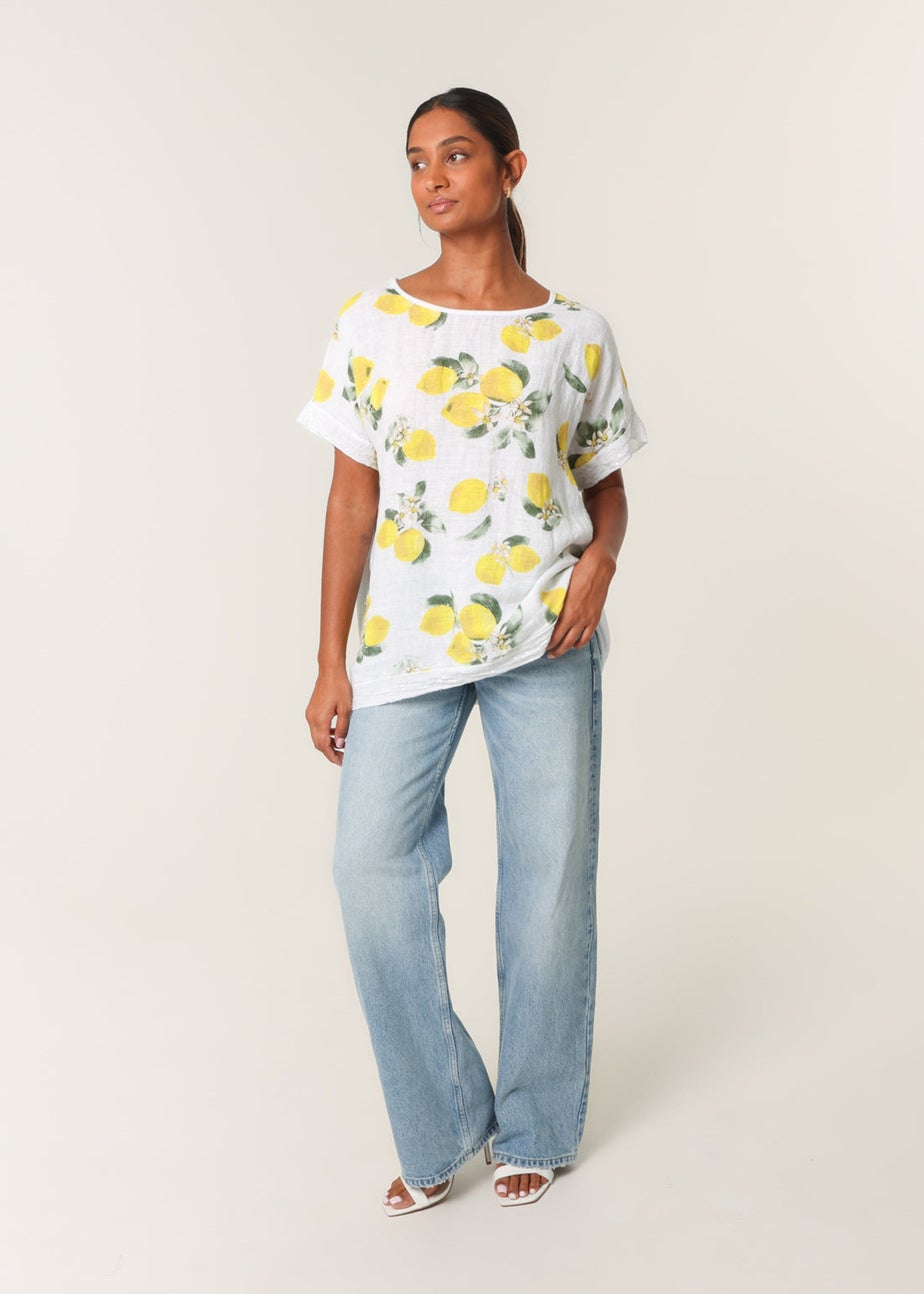 Blue Vanilla White Linen Front Lemon Print Top With Sequin