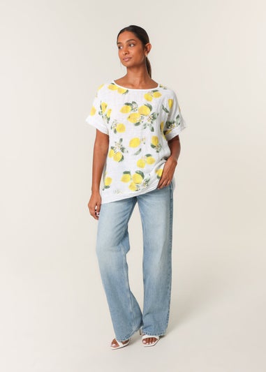 Blue Vanilla White Linen Front Lemon Print Top With Sequin