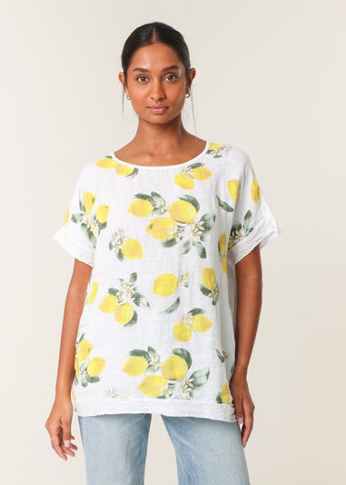 Blue Vanilla White Linen Front Lemon Print Top With Sequin