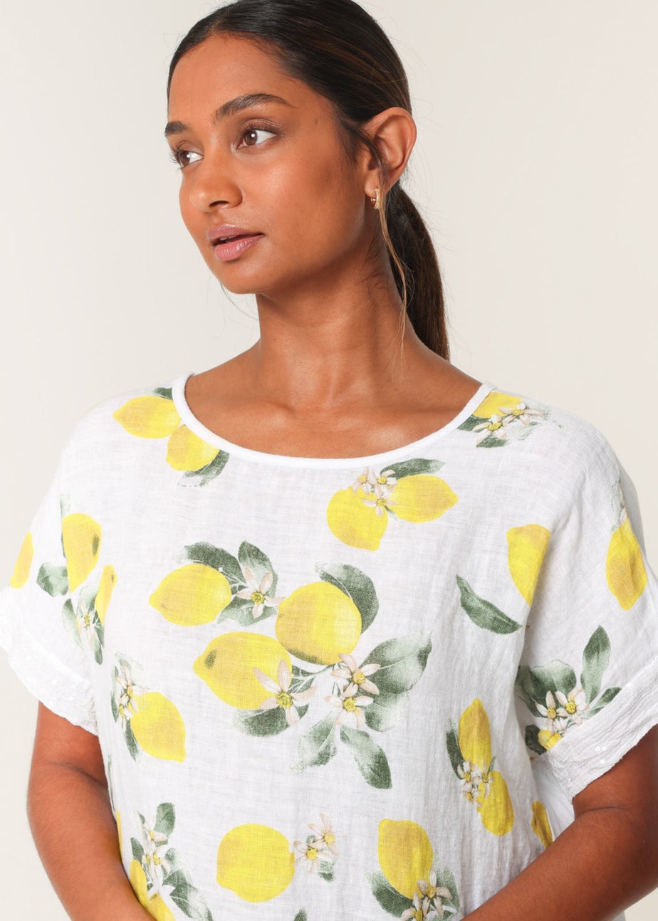 Blue Vanilla White Linen Front Lemon Print Top With Sequin