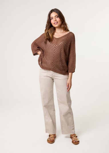 Blue Vanilla Brown Crochet V Neck Jumper