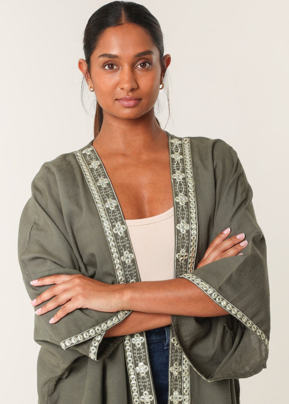 Blue Vanilla Khaki Embellished Kimono