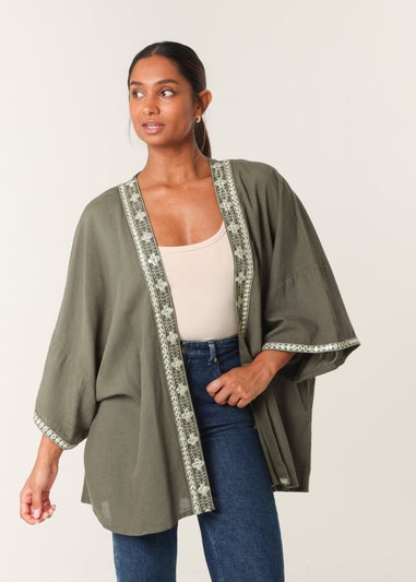 Blue Vanilla Khaki Embellished Kimono