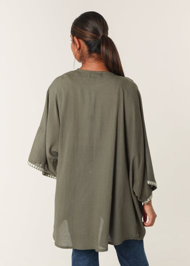 Blue Vanilla Khaki Embellished Kimono