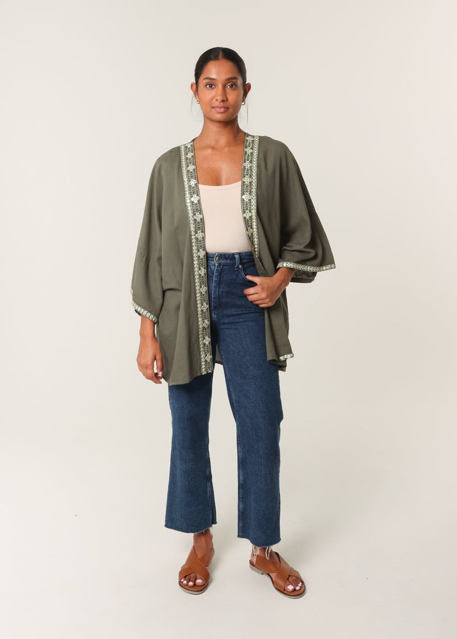 Blue Vanilla Khaki Embellished Kimono