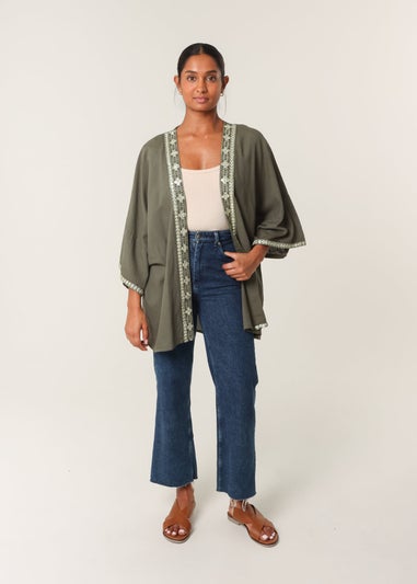 Blue Vanilla Khaki Embellished Kimono