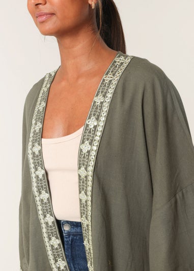 Blue Vanilla Khaki Embellished Kimono