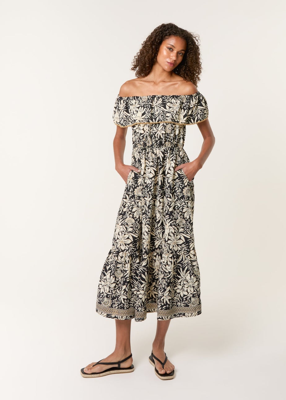 Blue Vanilla Black Gold Beaded Bardot Midi Dress