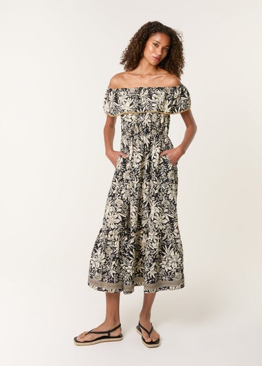 Blue Vanilla Black Gold Beaded Bardot Midi Dress