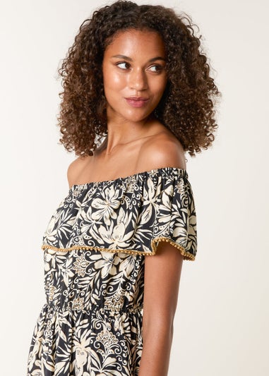 Blue Vanilla Black Gold Beaded Bardot Midi Dress