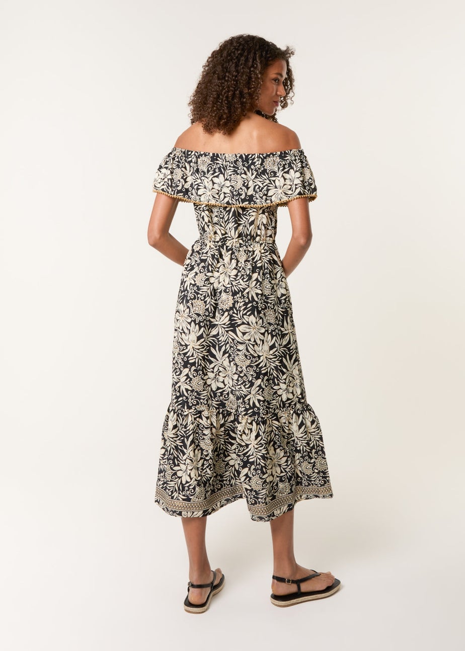 Blue Vanilla Black Gold Beaded Bardot Midi Dress