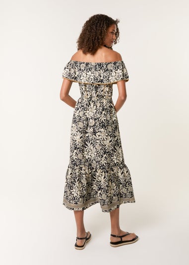 Blue Vanilla Black Gold Beaded Bardot Midi Dress