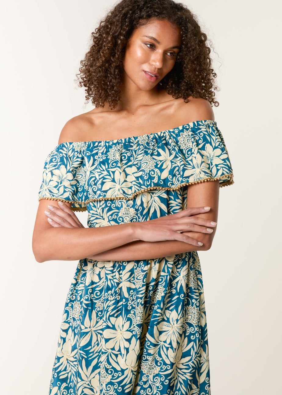 Blue Vanilla Turquoise Gold Beaded Bardot Midi Dress