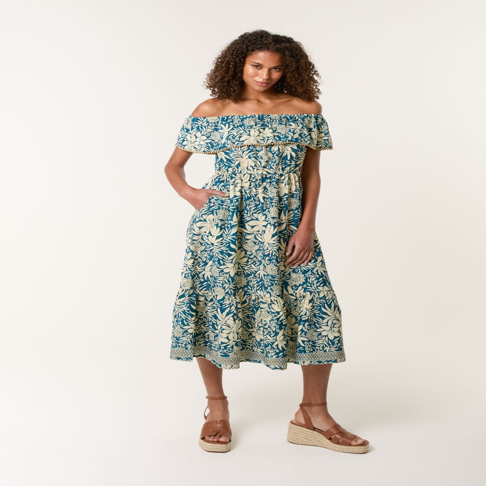 Blue Vanilla Turquoise Gold Beaded Bardot Midi Dress