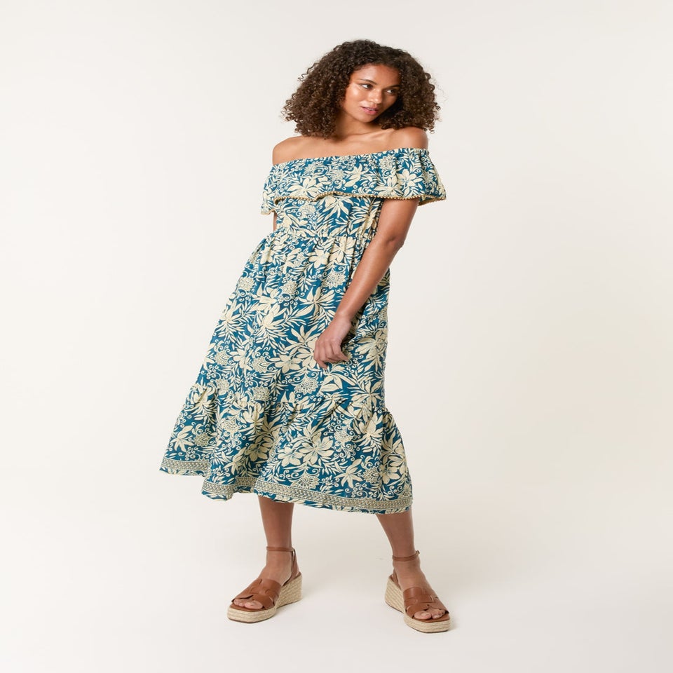 Blue Vanilla Turquoise Gold Beaded Bardot Midi Dress