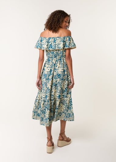 Blue Vanilla Turquoise Gold Beaded Bardot Midi Dress