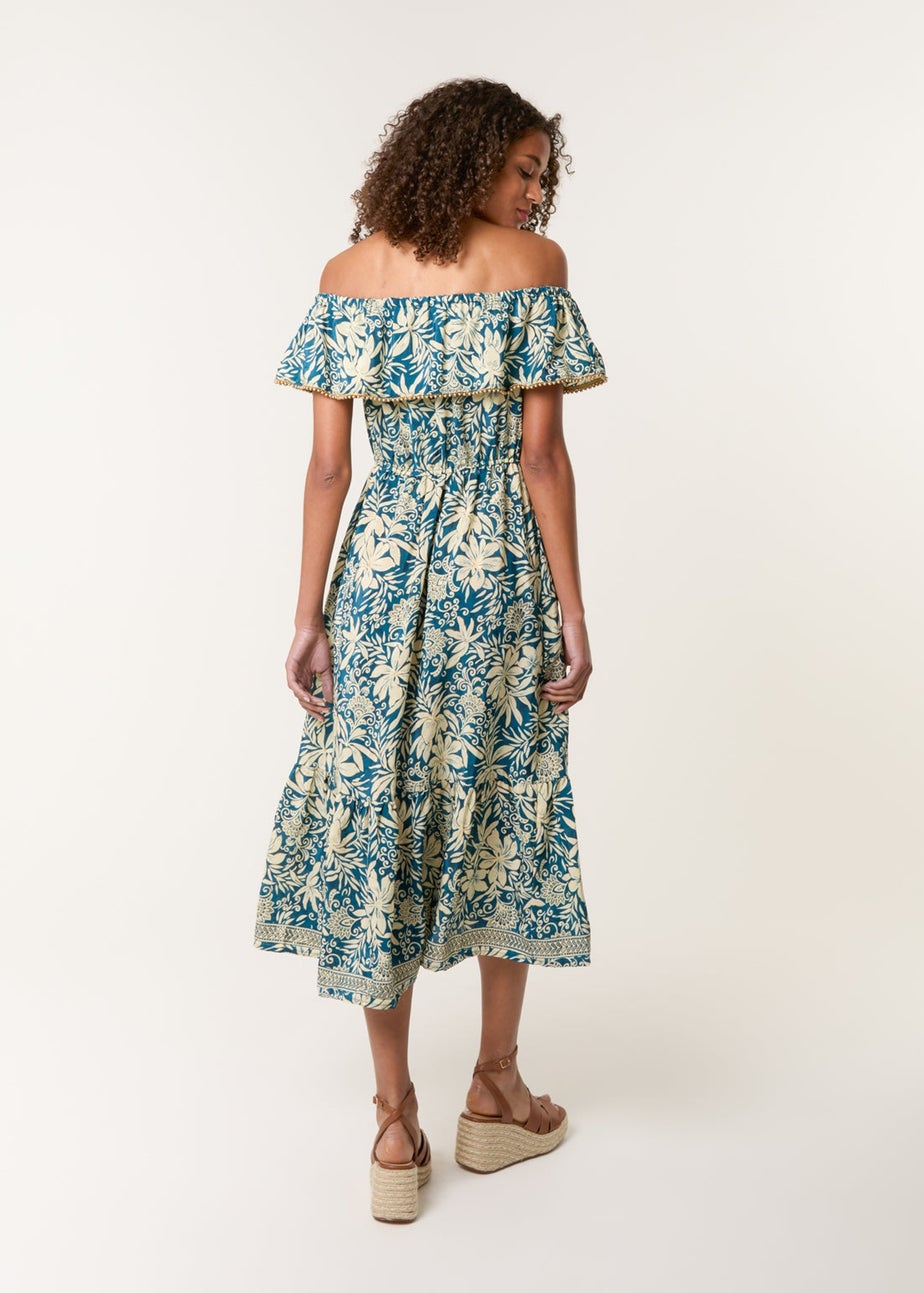 Blue Vanilla Turquoise Gold Beaded Bardot Midi Dress