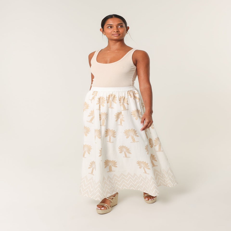 Blue Vanilla Ivory Gold Palm Print Circle Skirt