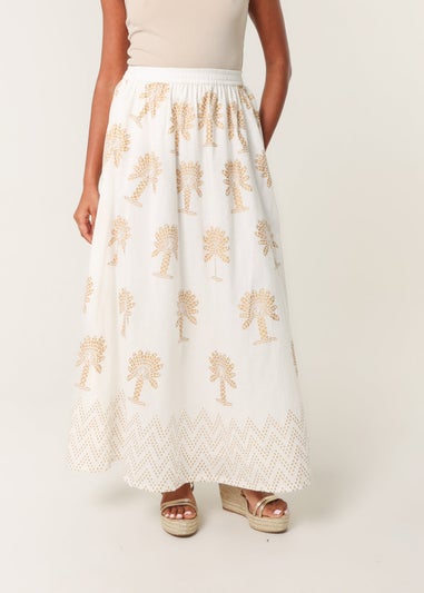Blue Vanilla Ivory Gold Palm Print Circle Skirt