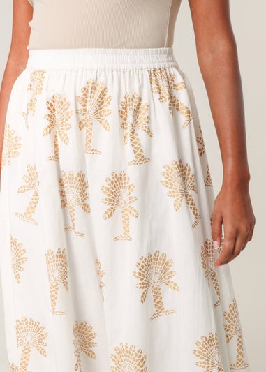 Blue Vanilla Ivory Gold Palm Print Circle Skirt