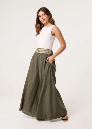 Blue Vanilla Khaki Wide Leg Embellished Linen Trousers