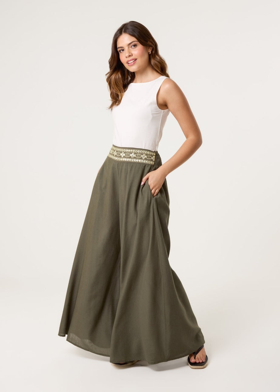 Blue Vanilla Khaki Wide Leg Embellished Linen Trousers