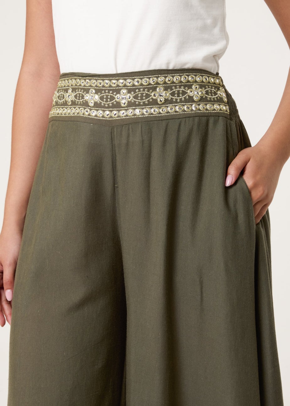 Blue Vanilla Khaki Wide Leg Embellished Linen Trousers