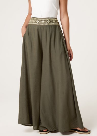 Blue Vanilla Khaki Wide Leg Embellished Linen Trousers