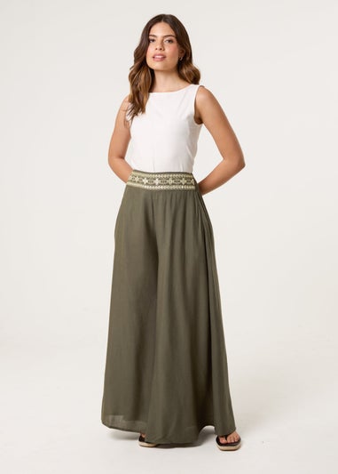 Blue Vanilla Khaki Wide Leg Embellished Linen Trousers