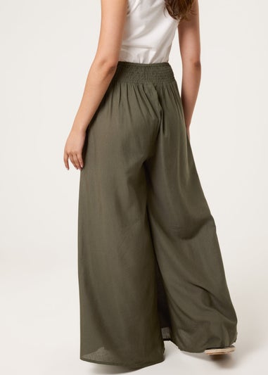 Blue Vanilla Khaki Wide Leg Embellished Linen Trousers
