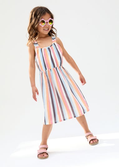 Raffya Kids Multi Kris Cross Back Stripe Print Dress (3-9 Years)