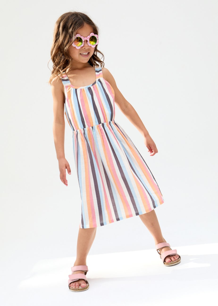 Raffya Kids Multi Kris Cross Back Stripe Print Dress (3-9 Years)