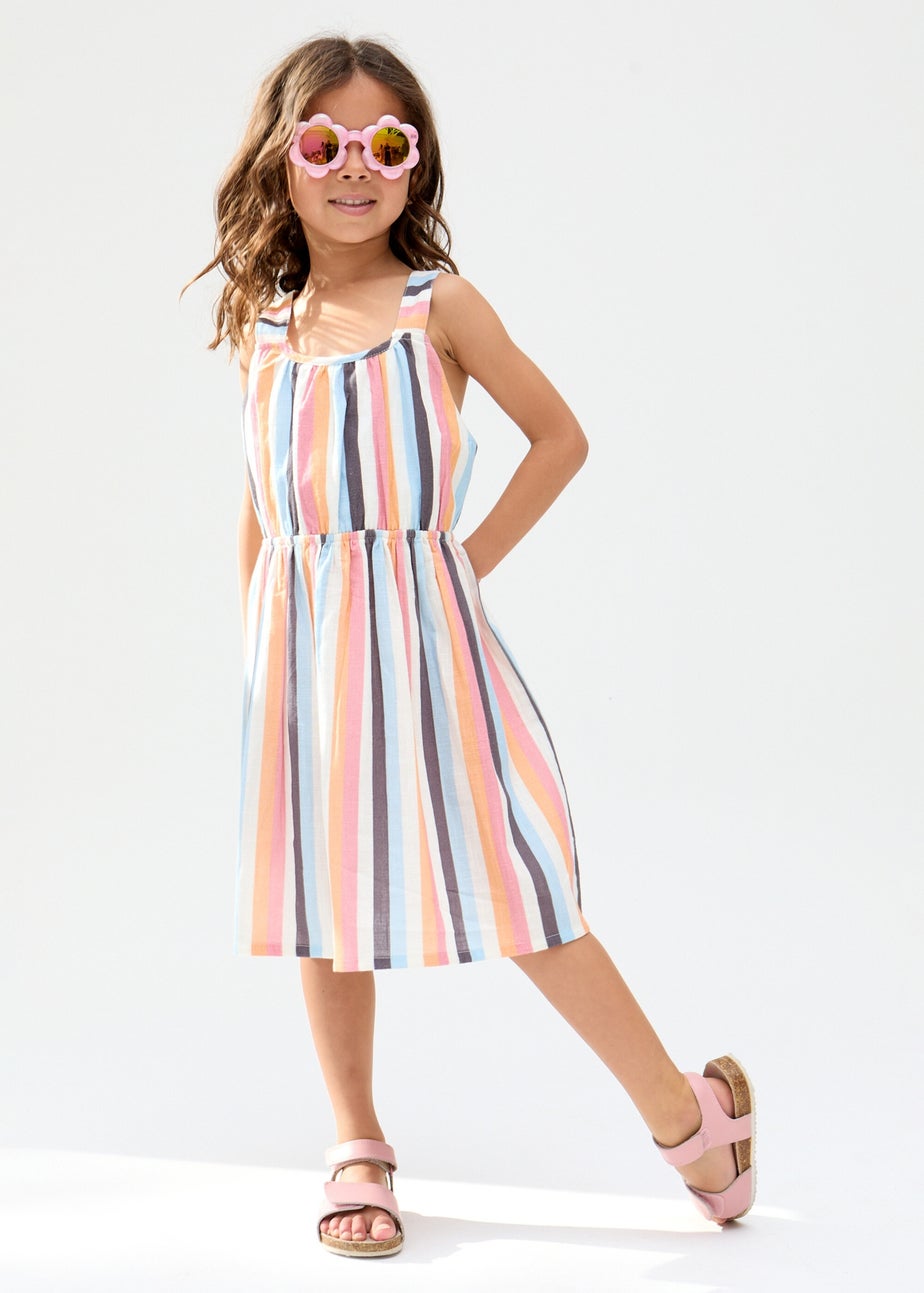 Raffya Kids Multi Kris Cross Back Stripe Print Dress (3-9 Years)