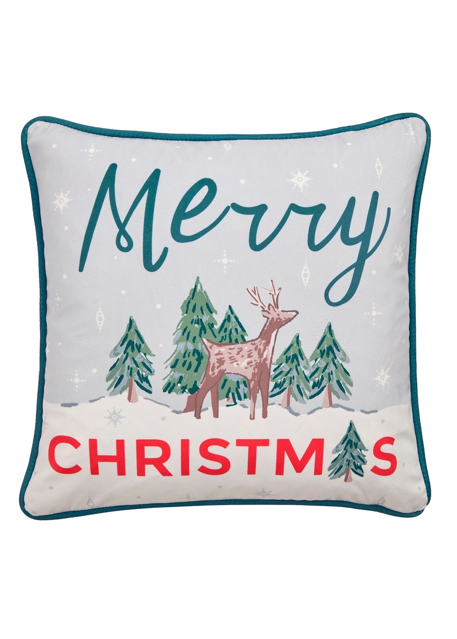 Fusion Merry Christmas Deer Velvet Green Filled Cushion