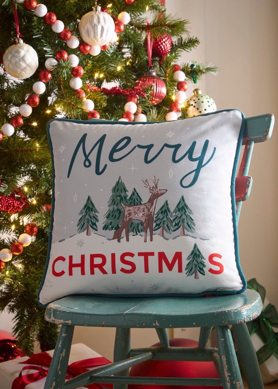 Fusion Merry Christmas Deer Velvet Green Filled Cushion