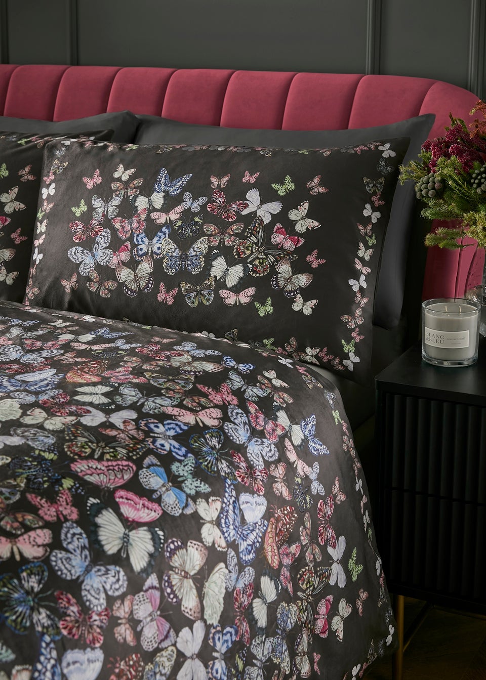Soiree Papillon Velvet Charcoal Duvet Cover Set
