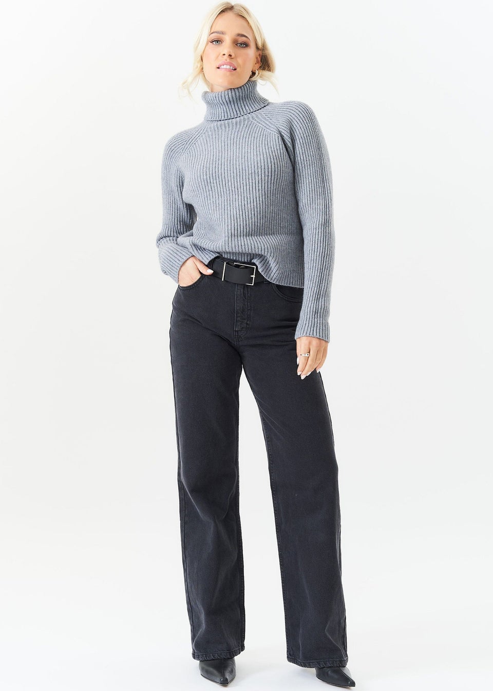 Gini London Grey Roll Neck Chunky Knit Jumper