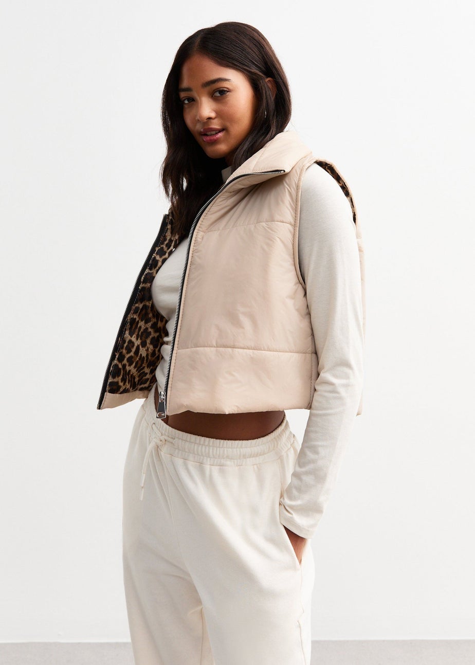 Gini London Beige Contrast Animal Padded Crop Gilet