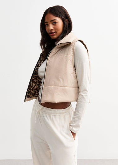 Gini London Beige Contrast Animal Padded Crop Gilet
