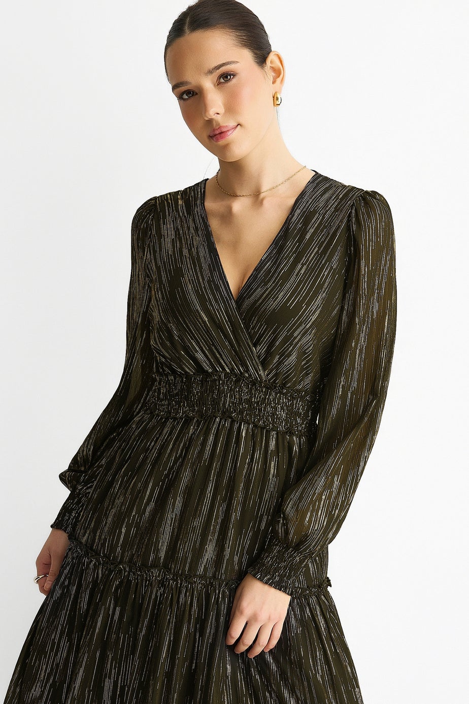 Gini London Black Lurex Chiffon Occassion Tiered Maxi Dress