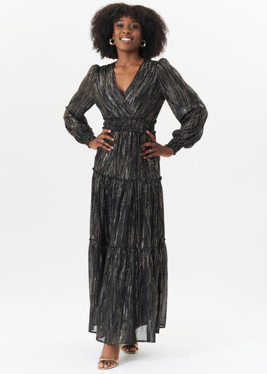 Gini London Black Lurex Chiffon Occassion Tiered Maxi Dress