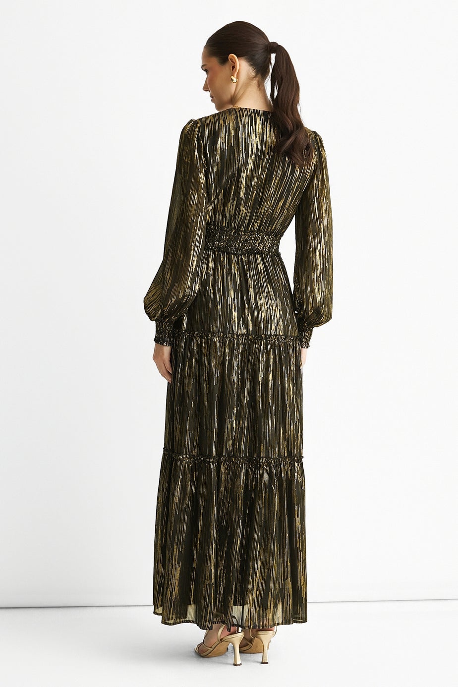 Gini London Black Lurex Chiffon Occassion Tiered Maxi Dress