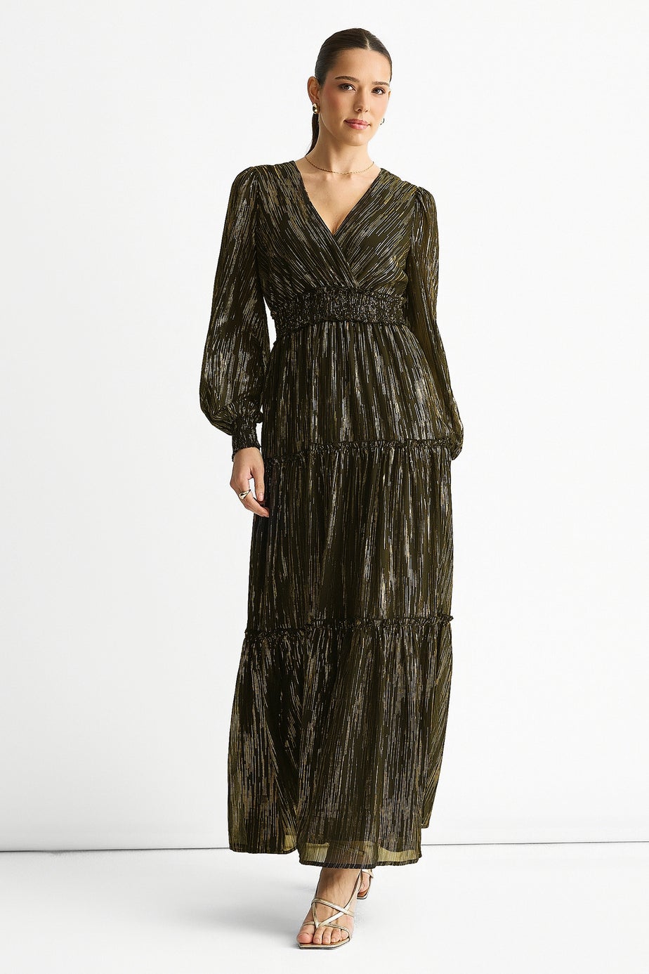 Gini London Black Lurex Chiffon Occassion Tiered Maxi Dress