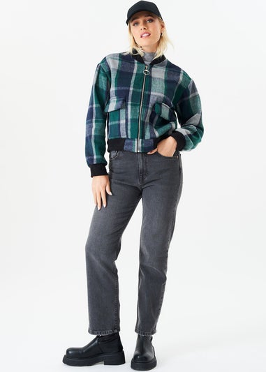 Gini London Green Contrast Rib Check Bomber Jacket