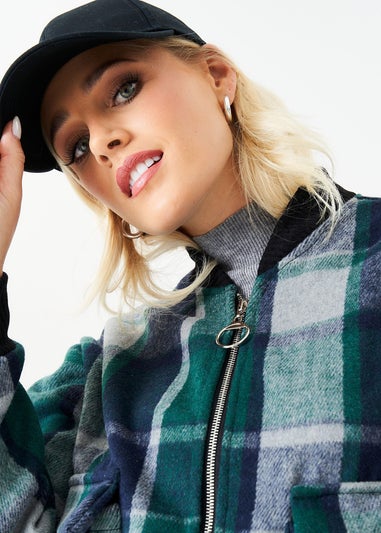 Gini London Green Contrast Rib Check Bomber Jacket