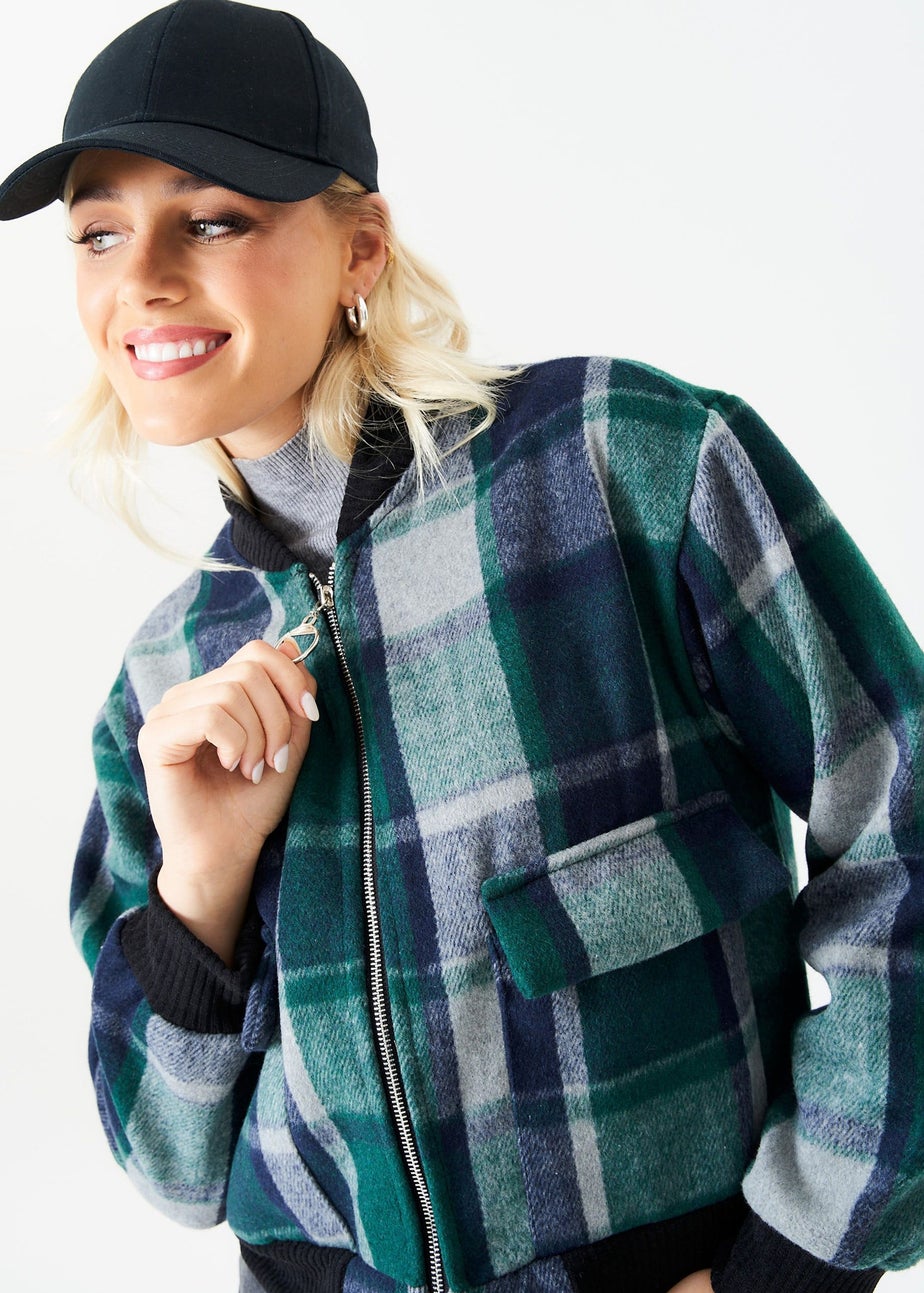Gini London Green Contrast Rib Check Bomber Jacket
