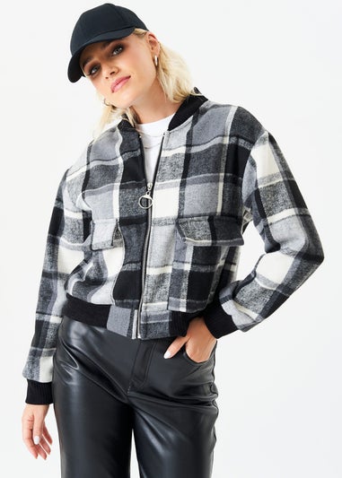 Gini London Black Contrast Rib Check Bomber Jacket