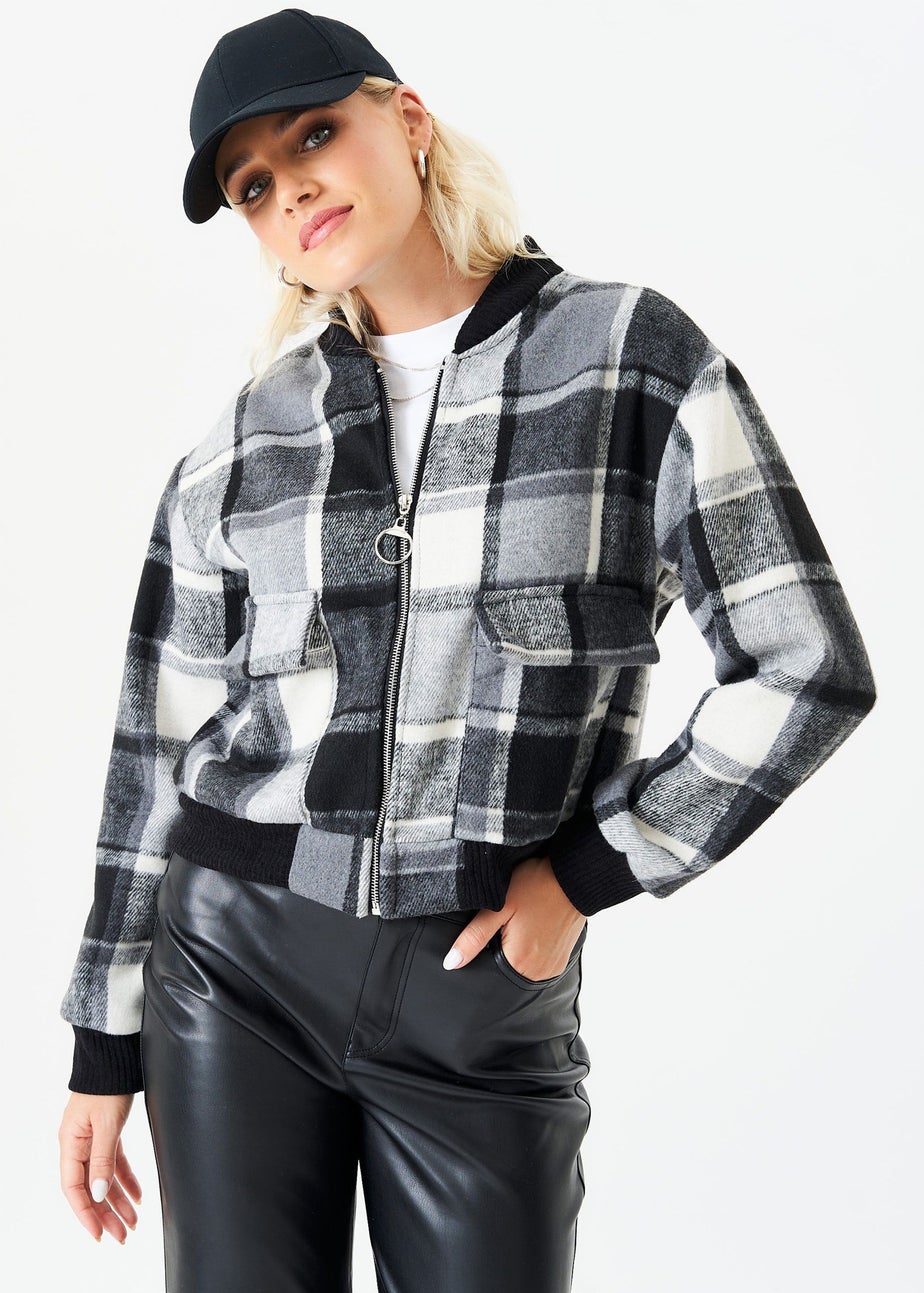 Gini London Black Contrast Rib Check Bomber Jacket